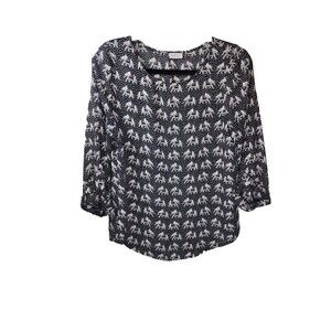 ​Pixley S Elephant Print Blouse Top 3/4 Sleeve Black Tan Geo Sheer